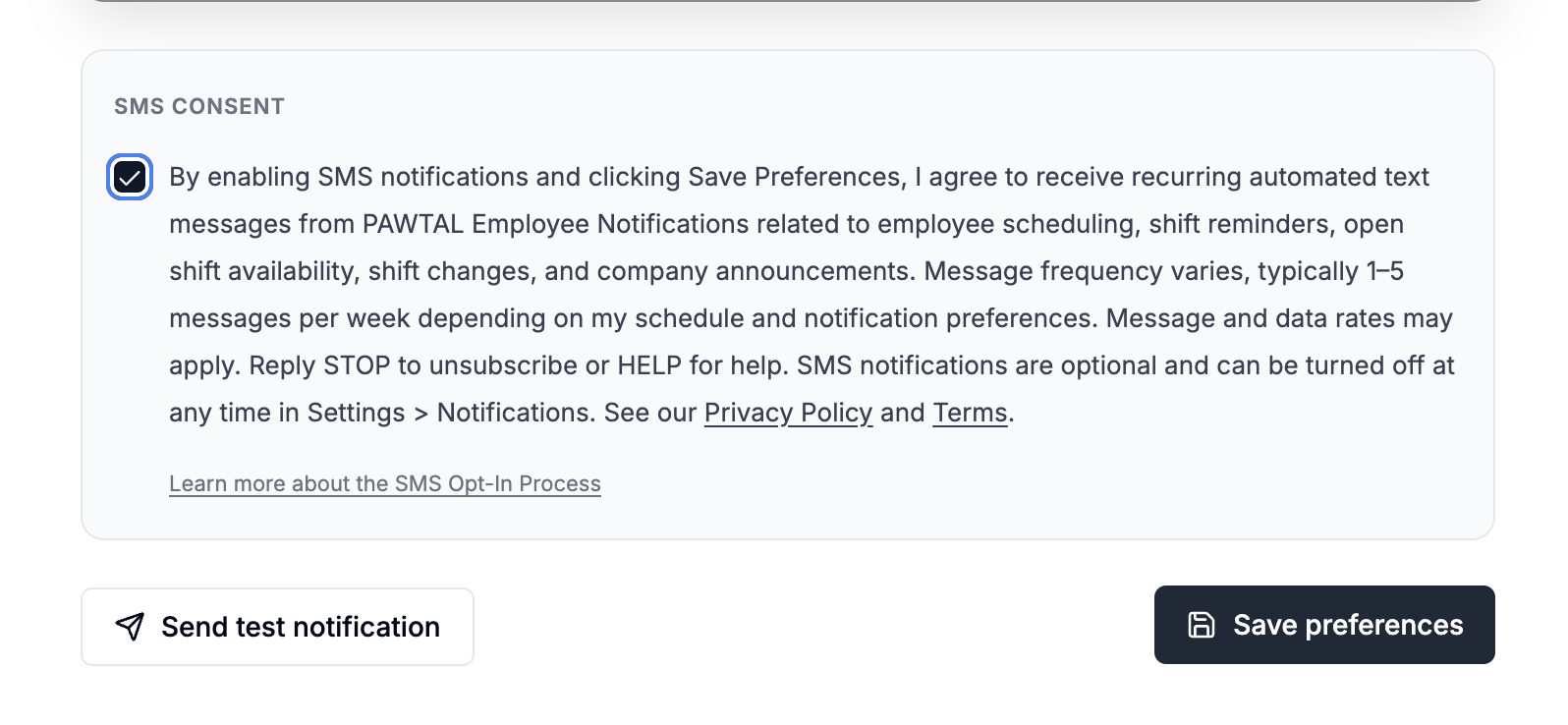SMS Consent checkbox checked with the Save Preferences button enabled.
