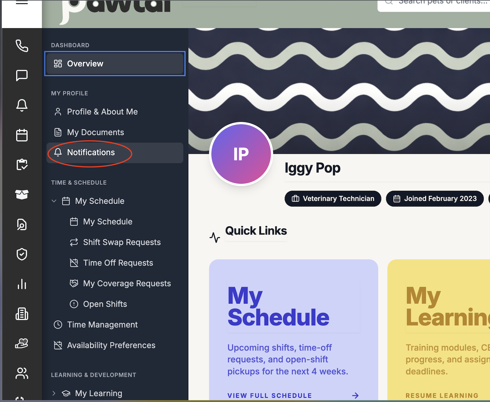 PAWTAL Employee Hub with the Notifications page selected.