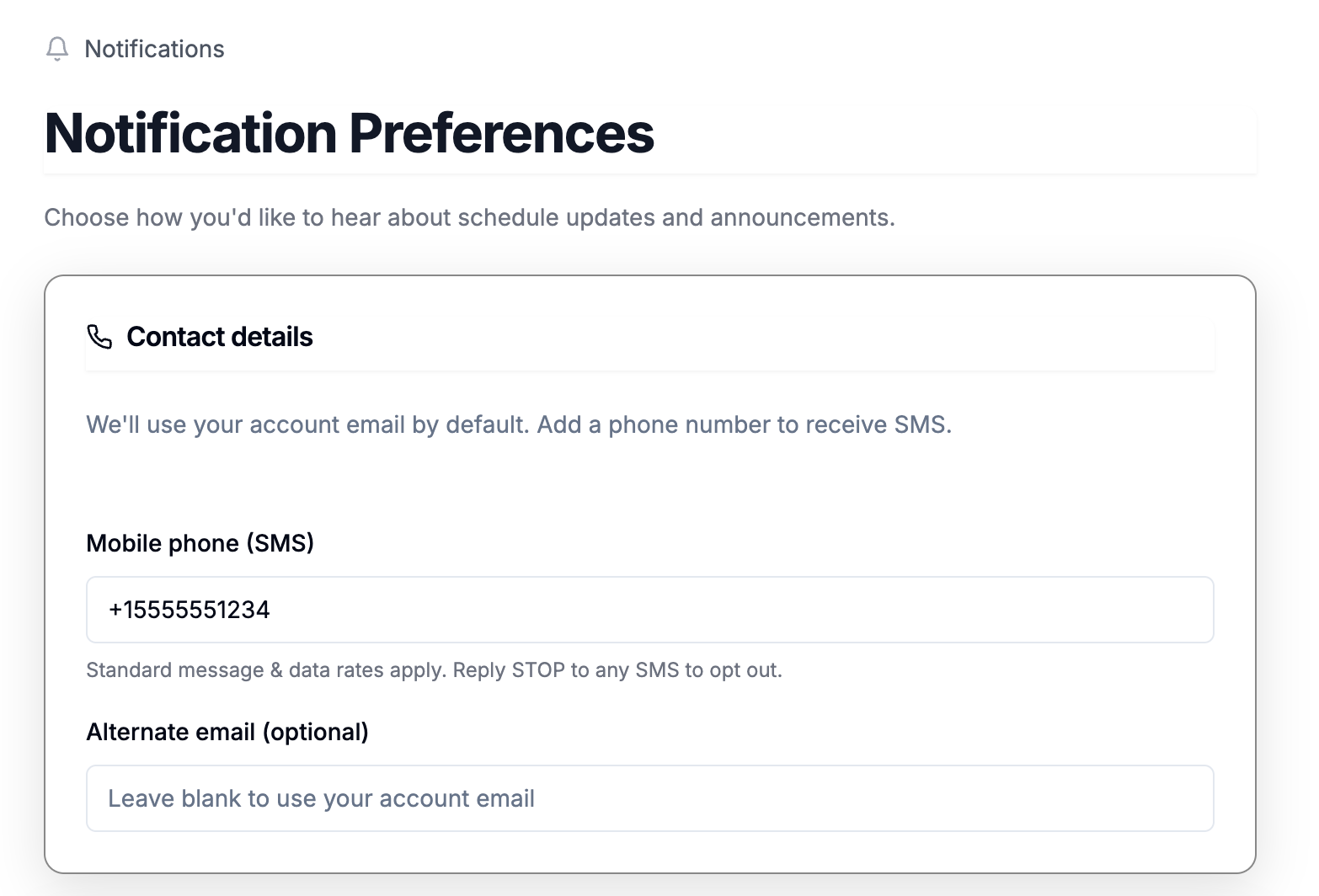 PAWTAL Notifications page showing the mobile phone number entry field.