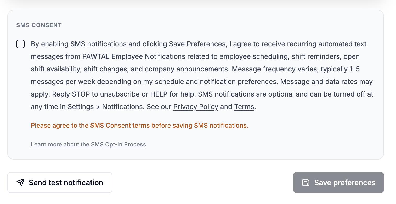 SMS Consent checkbox unchecked with the Save Preferences button disabled.